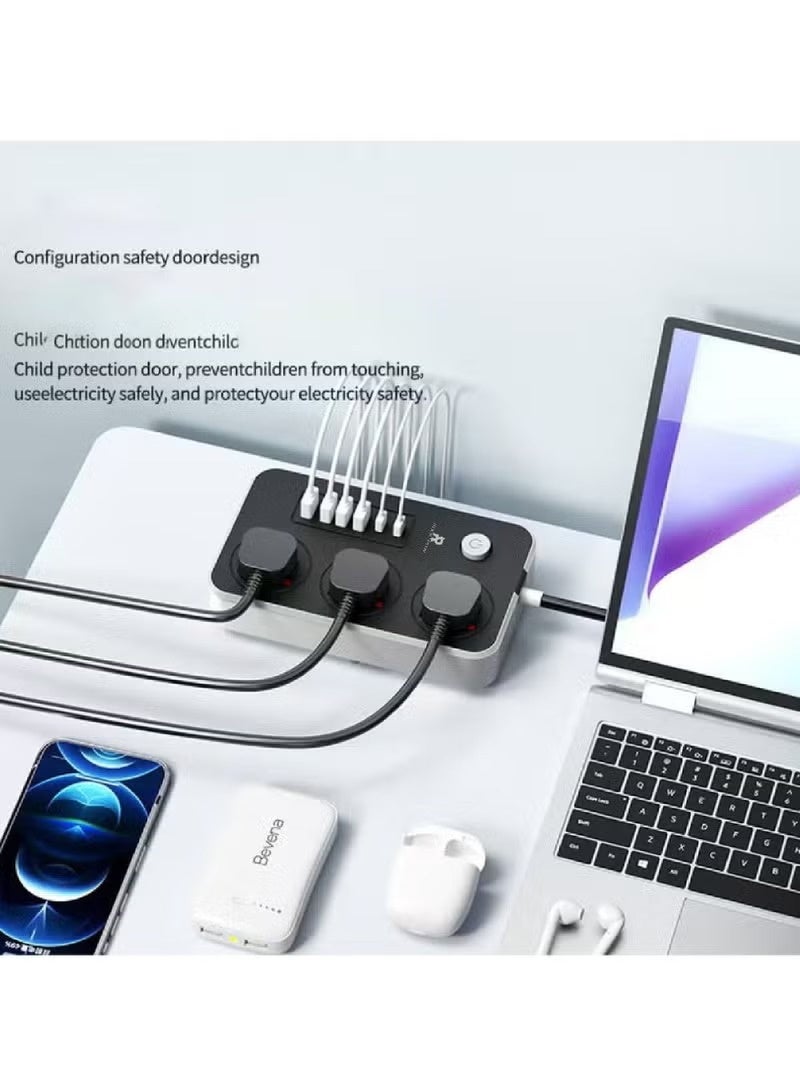 3 Meter Universal Extension Cord with 3 Power Sockets, 4 USB Ports & 2 PD Type-C Slots – 3-Way Power Strip Extension Lead - Image 2